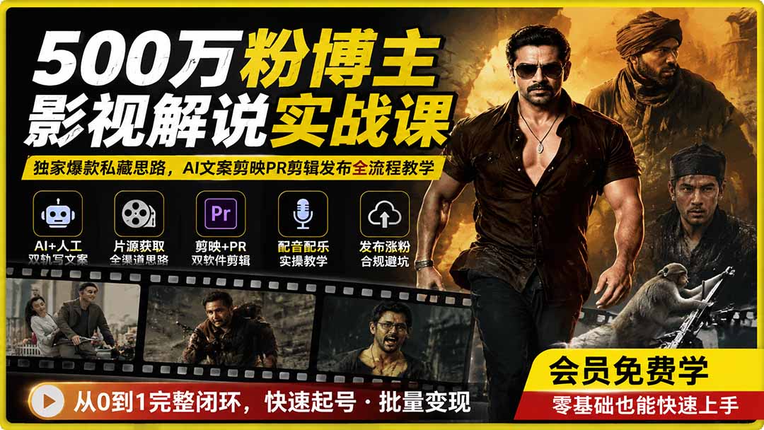 500万粉博主影视解说实战课｜独家爆款私藏思路，AI文案剪映PR剪辑发布全流程教学-专注音乐模板设计8年唐宝音乐模板