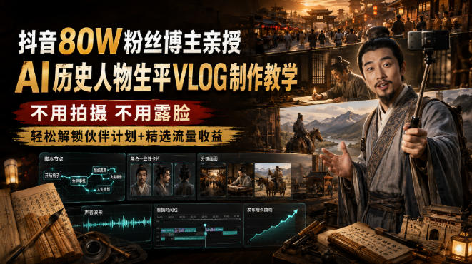 抖音80W粉丝博主的AI历史人物生平VLOG教学,不用拍摄不用露脸,AI帮你搞定,轻松解锁伙伴计划+精选收益-专注音乐模板设计8年唐宝音乐模板