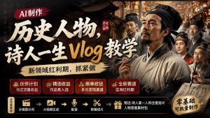历史人物，诗人一生Vlog教学， AI制作丨伙伴计划丨精选收益丨商单收徒 ，新领域红利期-专注音乐模板设计8年唐宝音乐模板