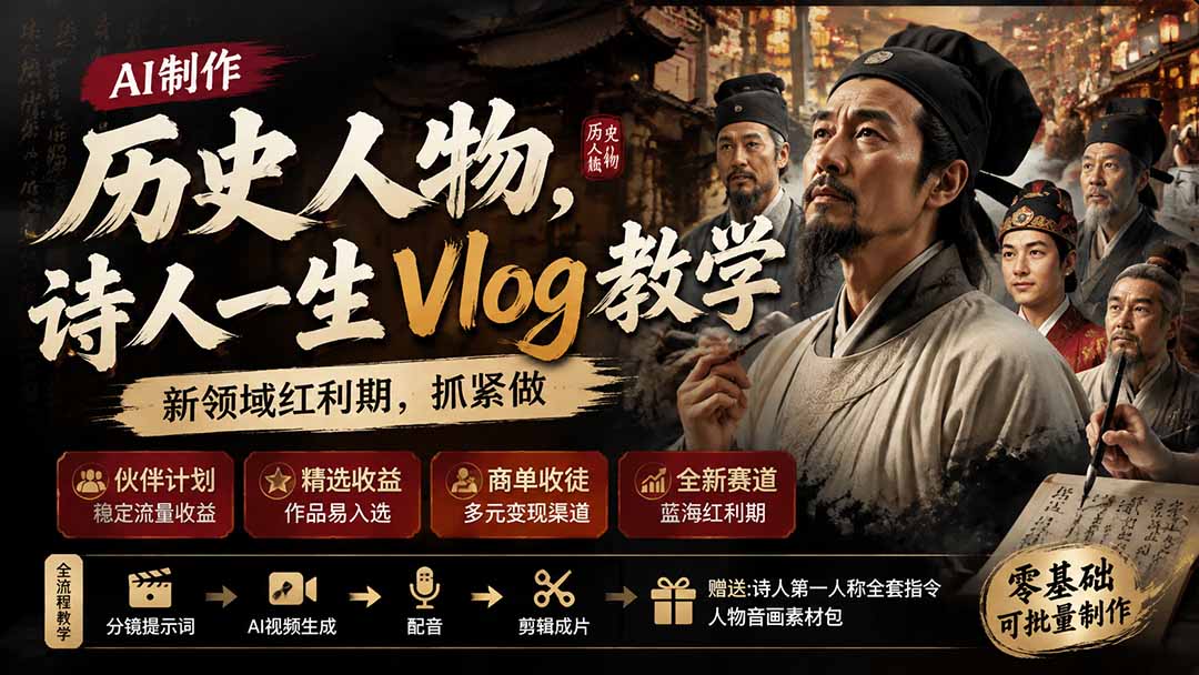 图片[1]-专注音乐模板设计8年历史人物，诗人一生Vlog教学， AI制作丨伙伴计划丨精选收益丨商单收徒 ，新领域红利期-专注音乐模板设计8年唐宝音乐模板